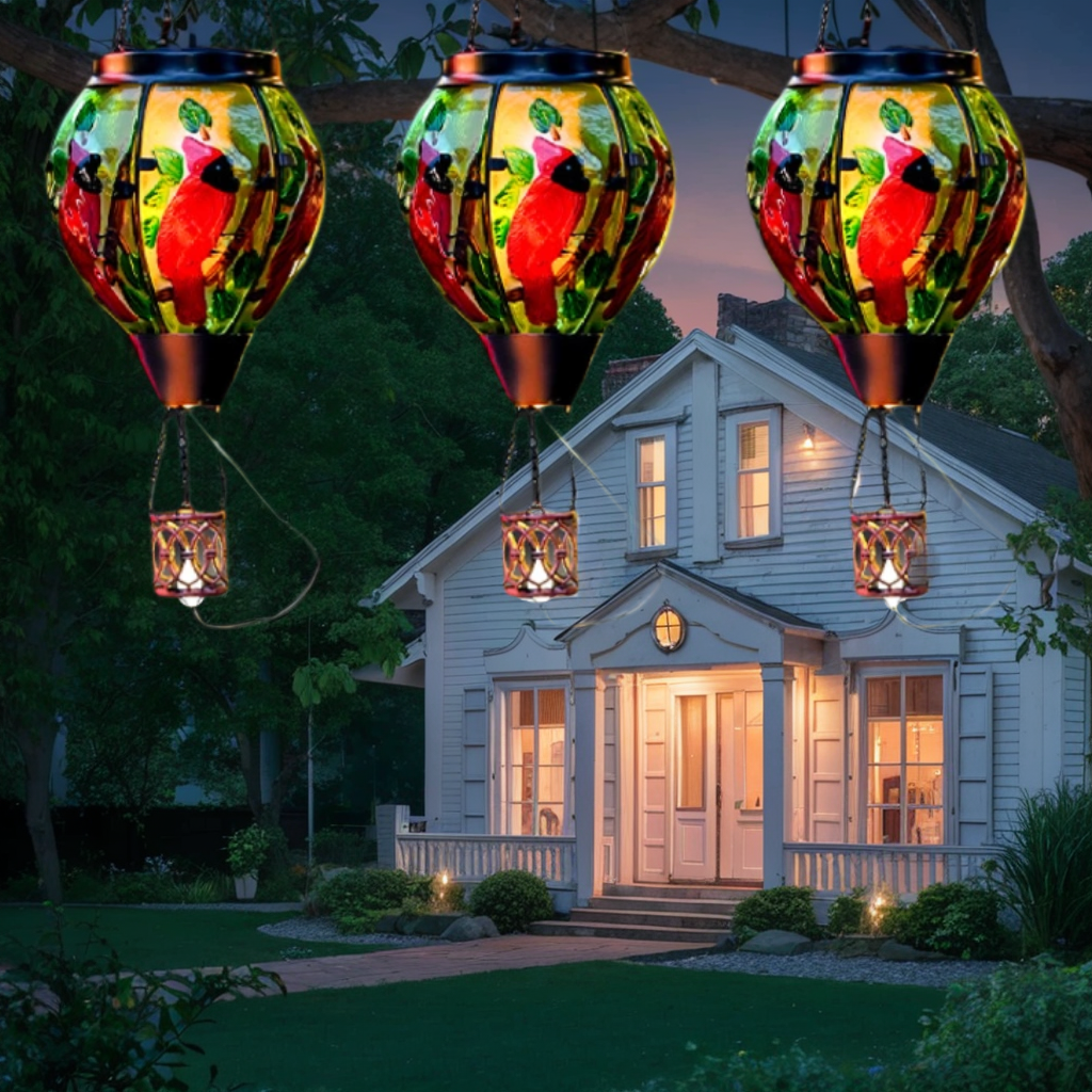 Three colorful hanging lanterns in front of a house at night.