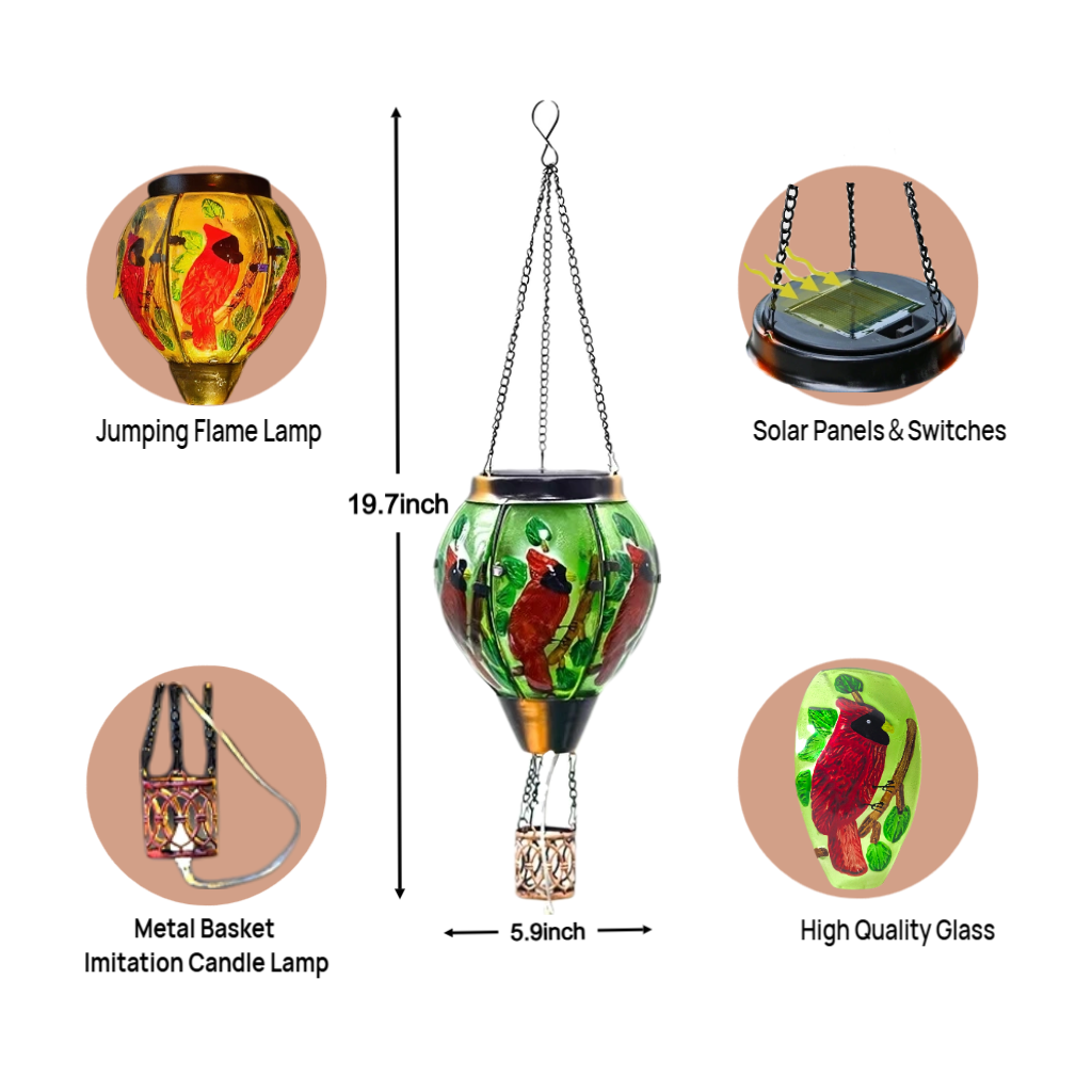 The balloon solar light is 19.7" H with solar panels and switches, featuring a bird design,size
