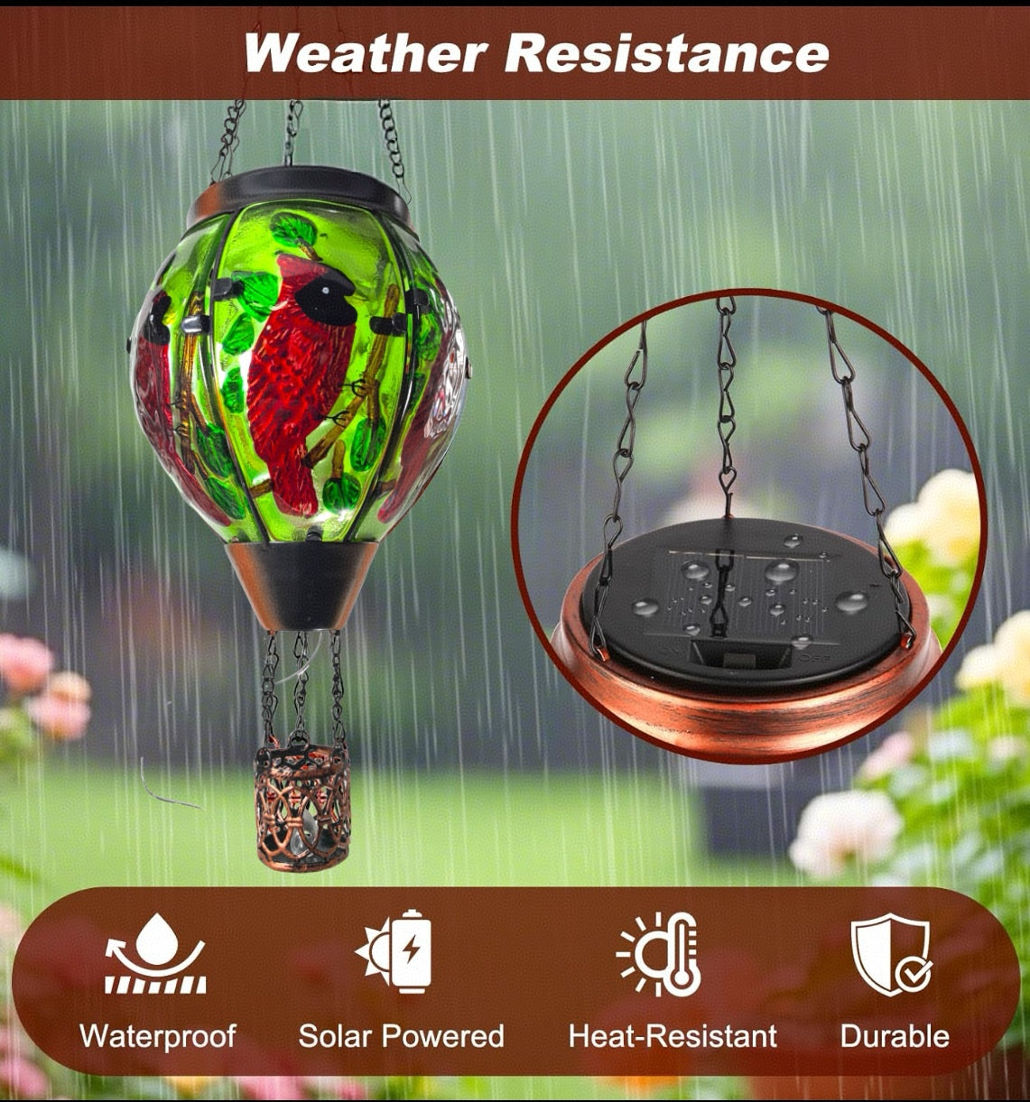 Hanging garden ornament with weather resistance features and waterproof, solar powered, heat-resistant, and durable indicators