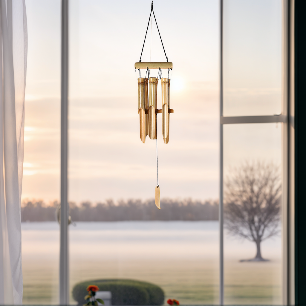 Bamboo Wind Chime with Half-tube Top - 6 Small Bell Tubes for Outdoor/Indoor Home Decor | Handcrafted Natural Soothing Sound 25 inches | Zen Breeze Chimes