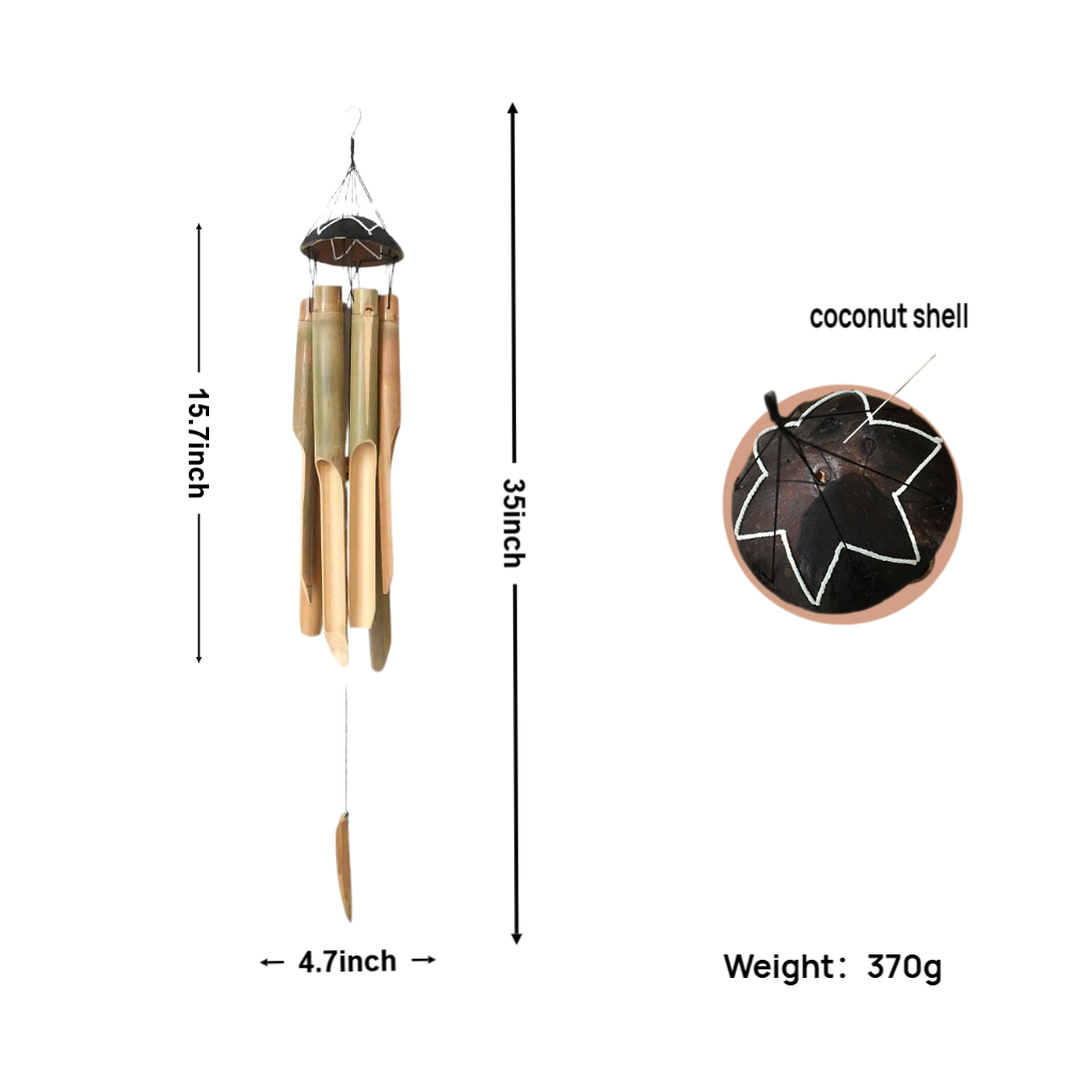 Bamboo Wind Chimes for Outside - Wooden Wind Chimes Outdoors with Coconut Crown | Handcrafted Soothing Melody Home Decor | Tropical Harmony Chimes (Ideal Gift)