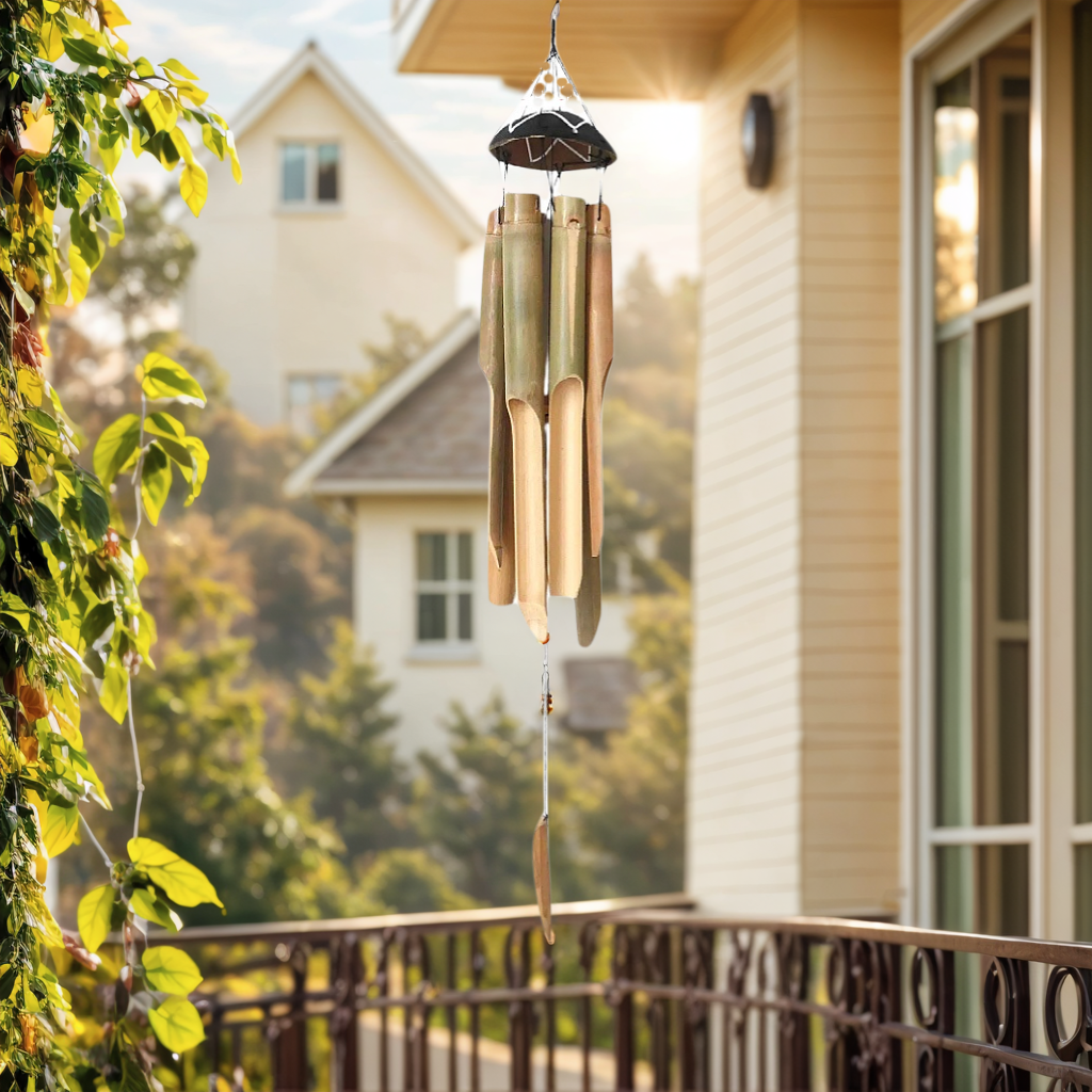Bamboo Wind Chimes for Outside - Wooden Wind Chimes Outdoors with Coconut Crown | Handcrafted Soothing Melody Home Decor | Tropical Harmony Chimes (Ideal Gift)