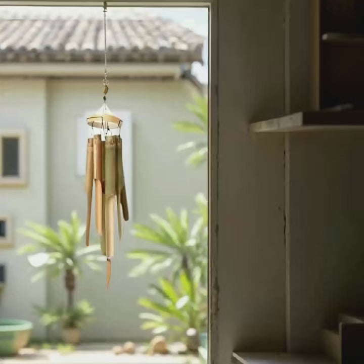 Bamboo Wind Chimes with Circle Top - Handcrafted Outdoor Wood Wind Chimes for Calming Deep Tones | Serene Melody Zen Chimes