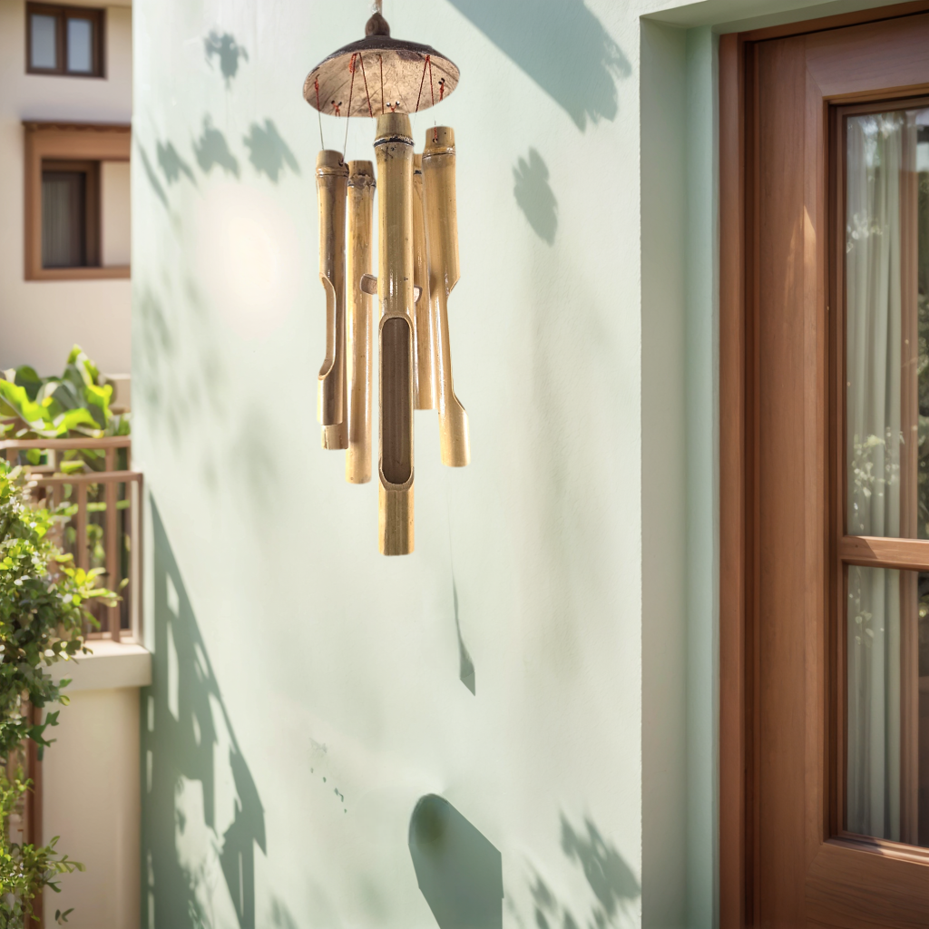 Bamboo Wind Chimes for Outside - Wooden Wind Chimes Outdoors with Coconut Crown | Handcrafted Soothing Melody Home Decor | Tropical Harmony Chimes (Ideal Gift)