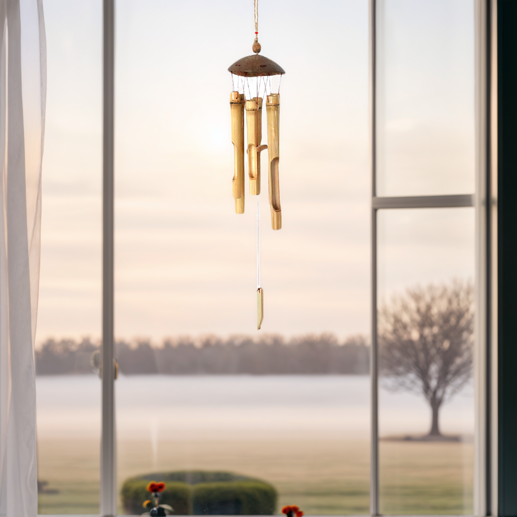 Bamboo Wind Chimes for Outside - Wooden Wind Chimes Outdoors with Coconut Crown | Handcrafted Soothing Melody Home Decor | Tropical Harmony Chimes (Ideal Gift)